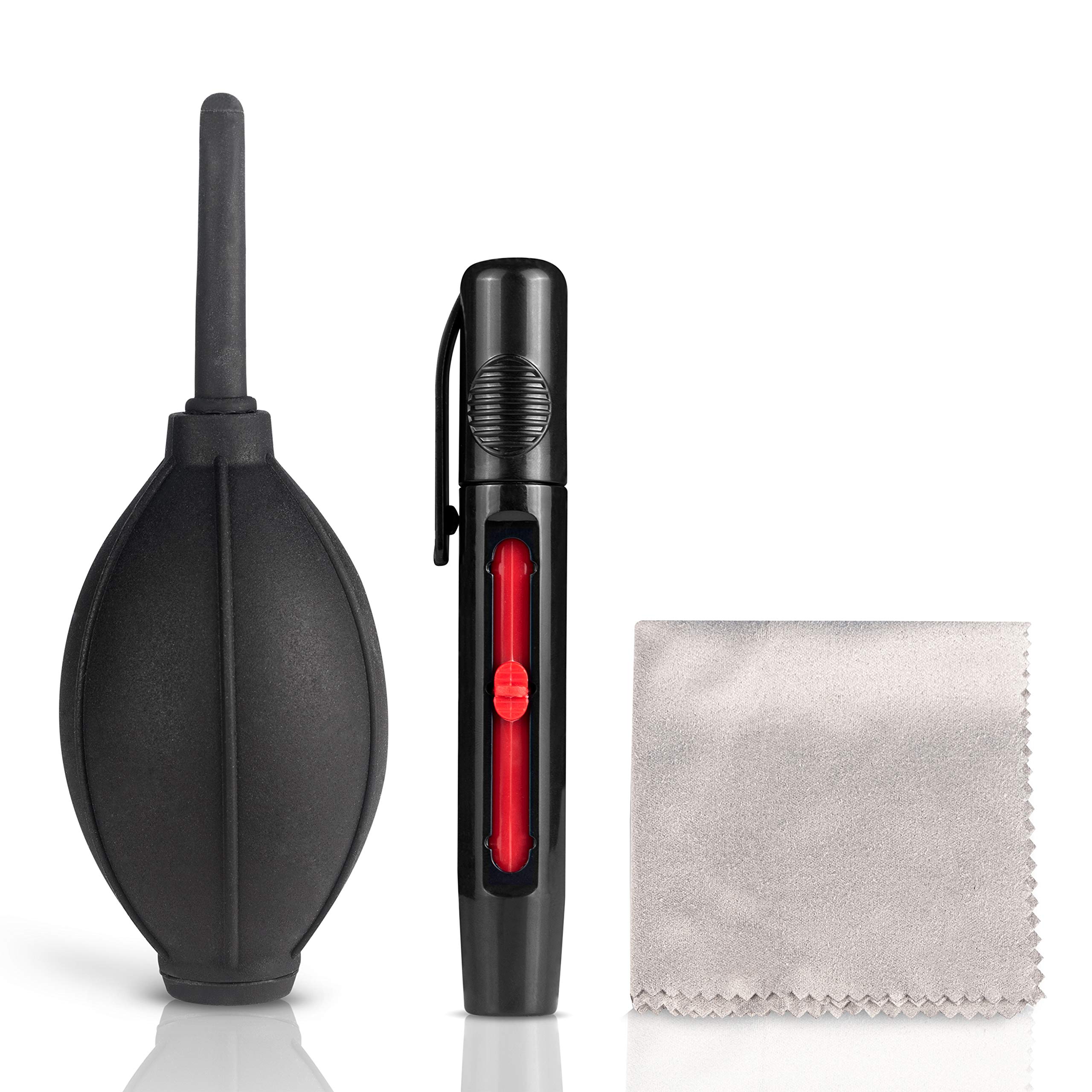 Set for camera cleaning: Compressed Dust Air Blower Bellows - 2 in 1 Lens Pen - Microfiber cloth. Also suitable for laptops, smartphones, keyboards, eyeglasses etc.
