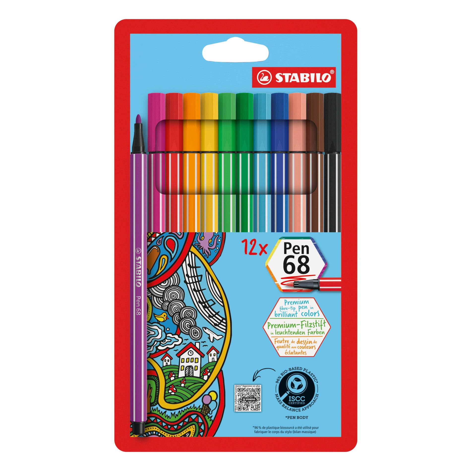 STABILO Pen 68 - Premium Fibre-Tip Pen - Pack of 12 - Assorted Colours