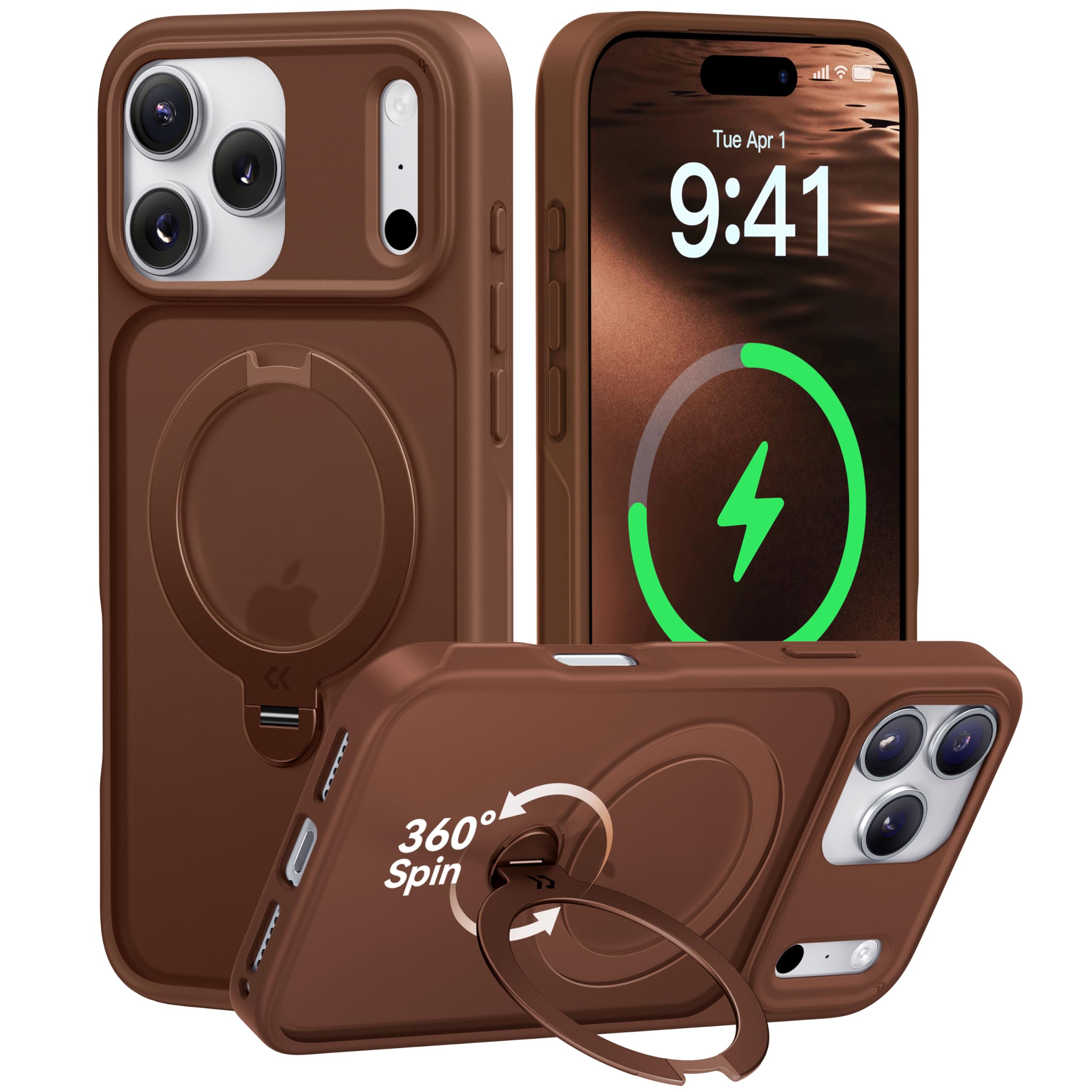Photo 1 of CASEKOO Brown for iPhone 17 Pro Case with 360 Spin Magnetic Stand [Camera Protection] [18FT Military Grade Protection] [Fit for MagSafe] Ring Grip Slim Matte 17 Pro Case 6.3 Inch