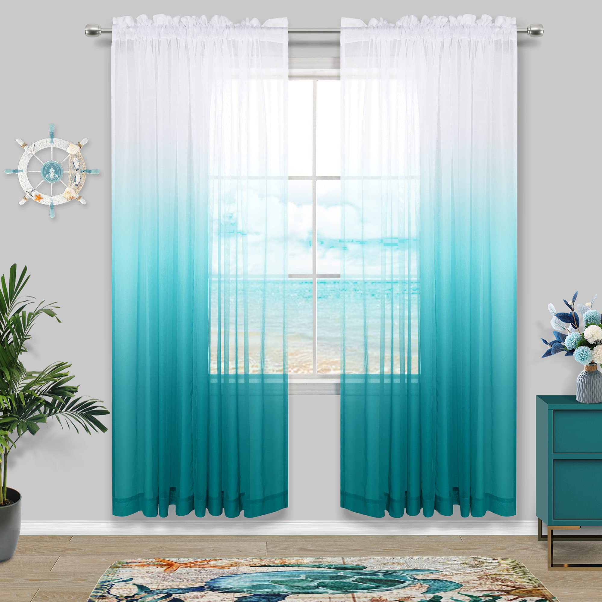 KOUFALL Teal Curtains 63 Inch Length for Bedroom 2 Panels Set Home Decor Modern Ombre Rod Pocket Decorative Sheer Short Nautical Curtains for Bedroom Girls Room Kids Babies Nursery 52x63 Inches Long