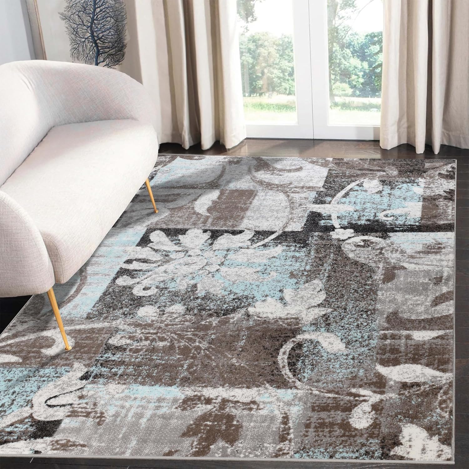 Superior Indoor Area Rug, Plush Carpet Cover, for Dining, Office, Kitchen, Modern Floral Patchwork Decor, Pastiche Collection, 8′ x 10′, Brown/Turquoise