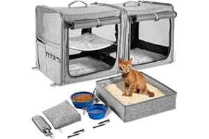 Suertree Cat Carrier for 2 Cats, Pet Travel Carrier with Litter Box for Cats and Small Dogs Up to 45 Lbs, Bowls, and Locking Zippers, Gray