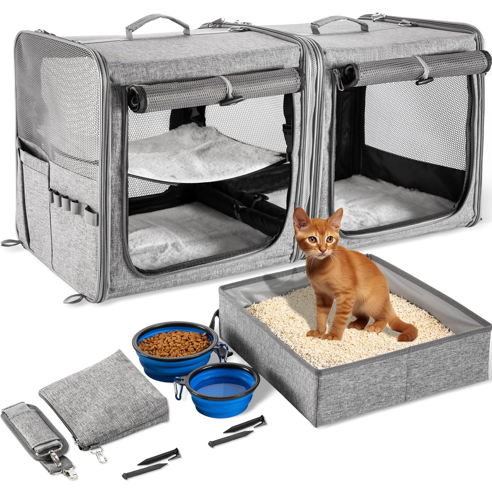 Photo 1 of Suertree Large Cat Carrier for 2 Cats with Zipper Locks, Double Cat Carrier with Travel Litter Box, Soft Pet Travel Carrier for Cats and Small Dogs Up to 45 Lbs, Gray