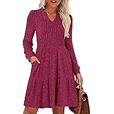 ANRABESS Long Sleeve Dress for Women Fall Fashion Outfits 2025 Casual V Neck Rib Knit Babydoll Sweater Dresses with Pockets