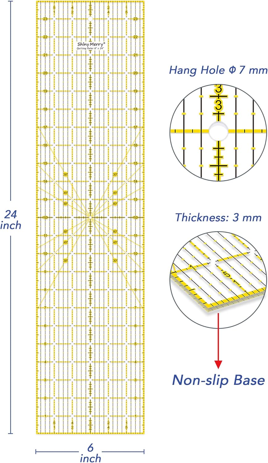 Shiny Merry 6 x 24 inch Transparent Non-Slip Acrylic Quilting Ruler for Precision Cutting Crafts with Yellow and Black Template Lines - Image 3