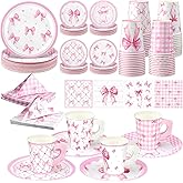 Jingmore 144 Pcs Pink Bow Party Supplies Kits Bachelorette Party Decorations Include Pink Paper Plates Napkins Cups Coquette Disposable Tableware Dinnerware for Girls Birthday Bridal Shower