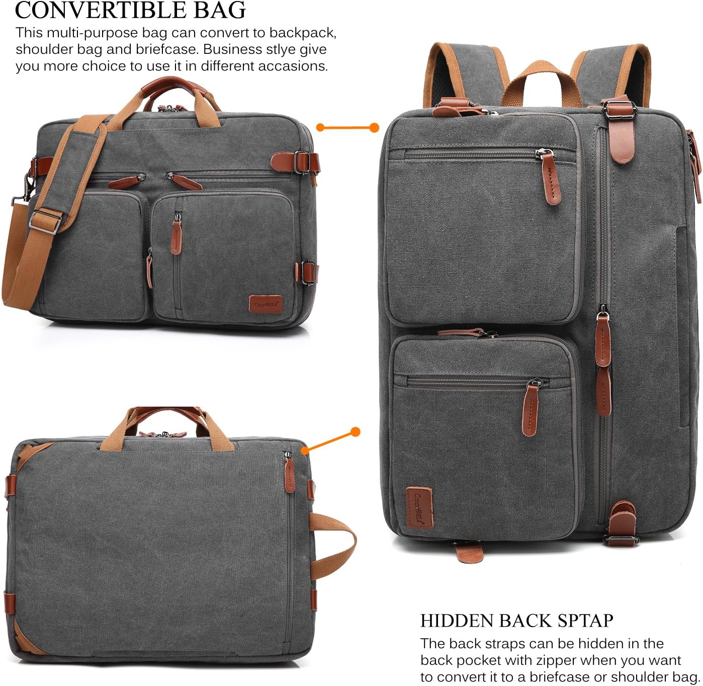CoolBELL Convertible Backpack Messenger Bag Shoulder Bag Laptop Case Handbag Business Briefcase Multi-Functional Travel Rucksack Fits 15.6 Inch Laptop for Men/Women (Cancas Dark Grey): Computers & Accessories