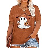 Plus Size Halloween Shirts for Women Cute Ghost Shirt Fall Graphic Tees Spooky Season Top Pumpkin Short Sleeve Tops