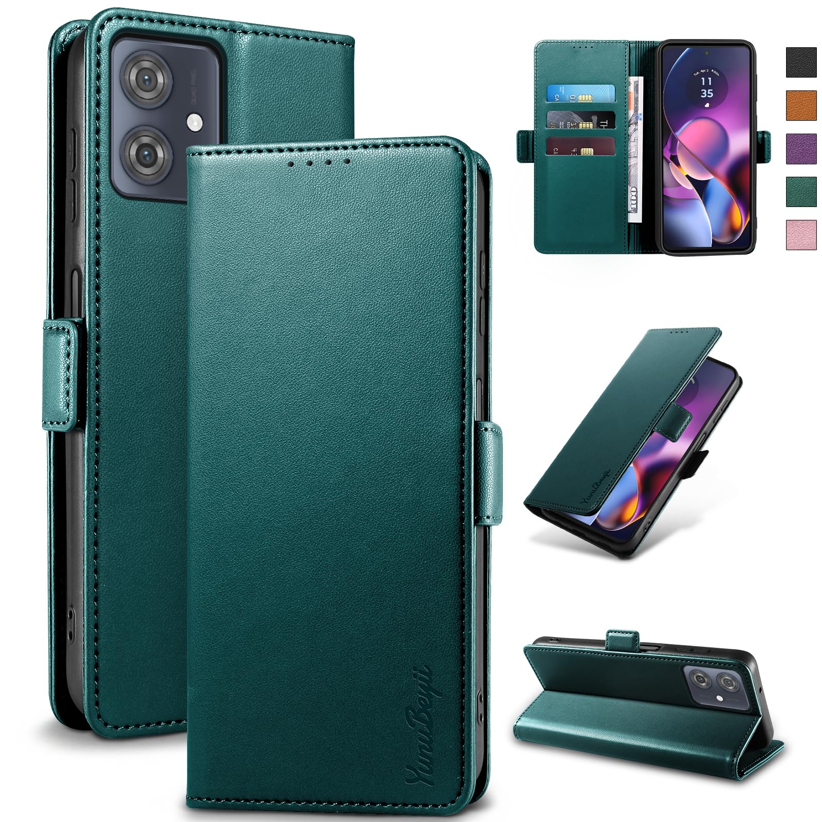 Yunubeyii Wallet Flip Case for Motorola Moto G54 - [RFID Blocking] Luxury PU Leather Card Holder Magnetic Phone Cover with Kickstand,Shockproof Protective Case,Green