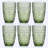abrwyy 6Pcs 14OZ Drinking Glasses, Green Drinking Glasses, Colored Glassware Drinking, Highball Beverage Glasses Cup, Vintage Glassware Set for Water, Juice, Cocktail, Coffee