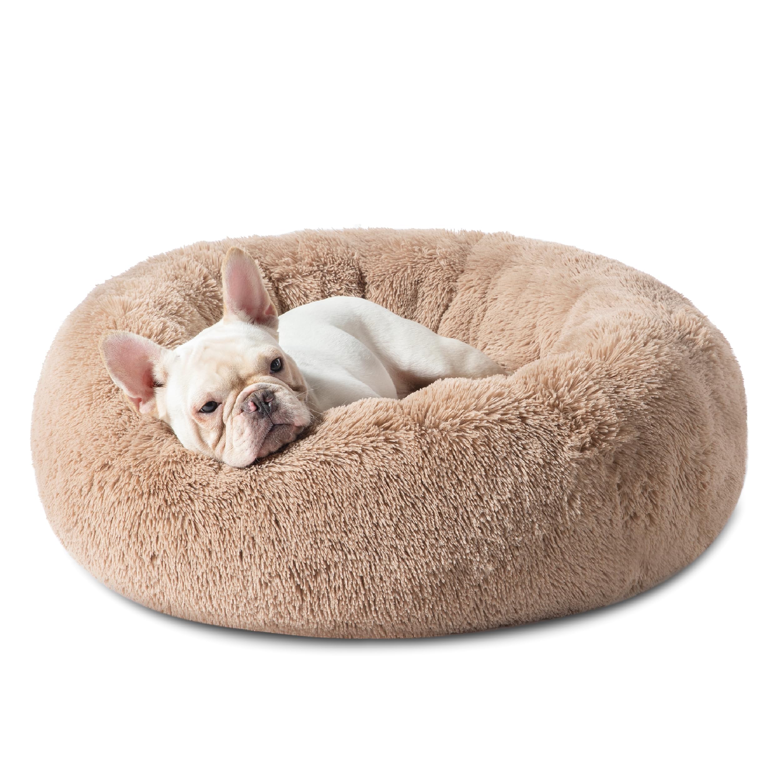 Photo 1 of Bedsure Calming Dog Bed Medium Size Dog - Donut Washable Medium Pet Bed, 30 inches Anti-Slip Round Fluffy Plush Faux Fur Cat Bed, Fits up to 45 lbs Pets, Camel
