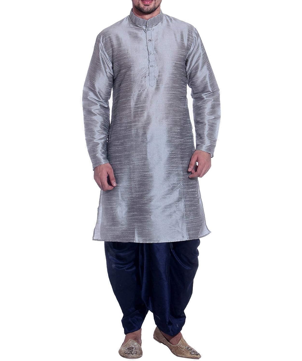 uri and mackenzie men's dupion silk dhoti kurta set unm-greyblack-dk-n