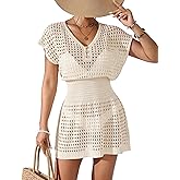 BreathSunny Womens Crochet Knit Slim Fit Beach Coverup Dress Summer 2025 V Neck Button Cap Sleeve Bathing Suit Cover Up
