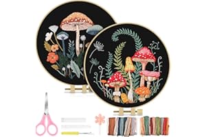 TINDTOP 2 Pack Embroidery Kit for Adult Beginners, Embroidery DIY Starter Kit, with Mushroom Stamped Patterns, Hoop, Tools, Colorful Threads with Needles, Instructions