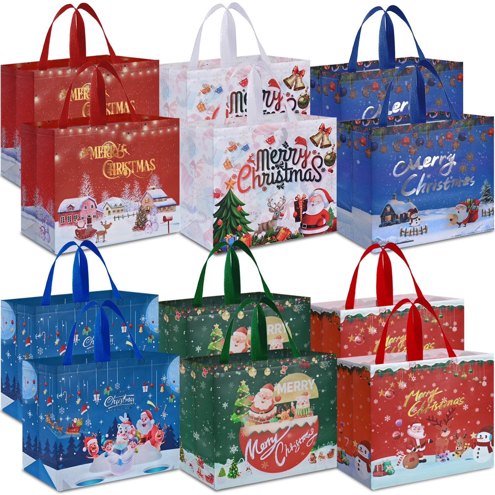 AhfuLife Extra Large Christmas Bags for Gift, 12pcs Xmas Gift Tote Bags with Handles, Reusable Multipack Non-woven Christmas Treat Shopping Bag, Xmas Party Favor Bag Decorations, 40 x 36 x 15cm