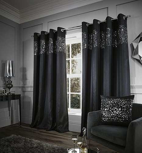 Catherine Lansfield Glitzy Eyelet Curtains Black 66x72 Inch