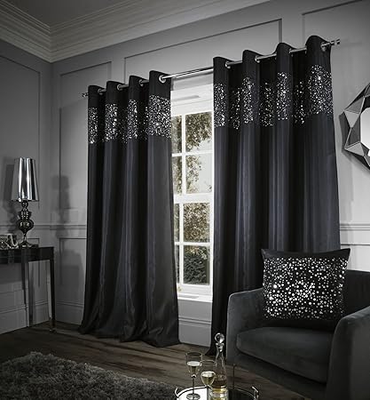 Catherine Lansfield Glitzy Eyelet Curtains Black 90x90 Inch