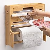 Navaris 3 in 1 Cling Film Dispenser with Cutter - Space Saving Kitchen Roll Storage and Foil Organizer - Bamboo Tin Foil and Clingfilm Holder with Utensil Area - Wall Mount Option