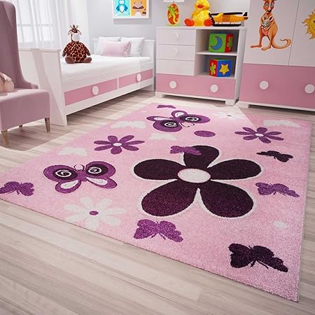 VIMODA Kinderteppich Modern Kinderzimmer Teppiche handgeschnittene Konturen Sterne Blumen Schmetterlinge Farbe Pink Lila, Maß