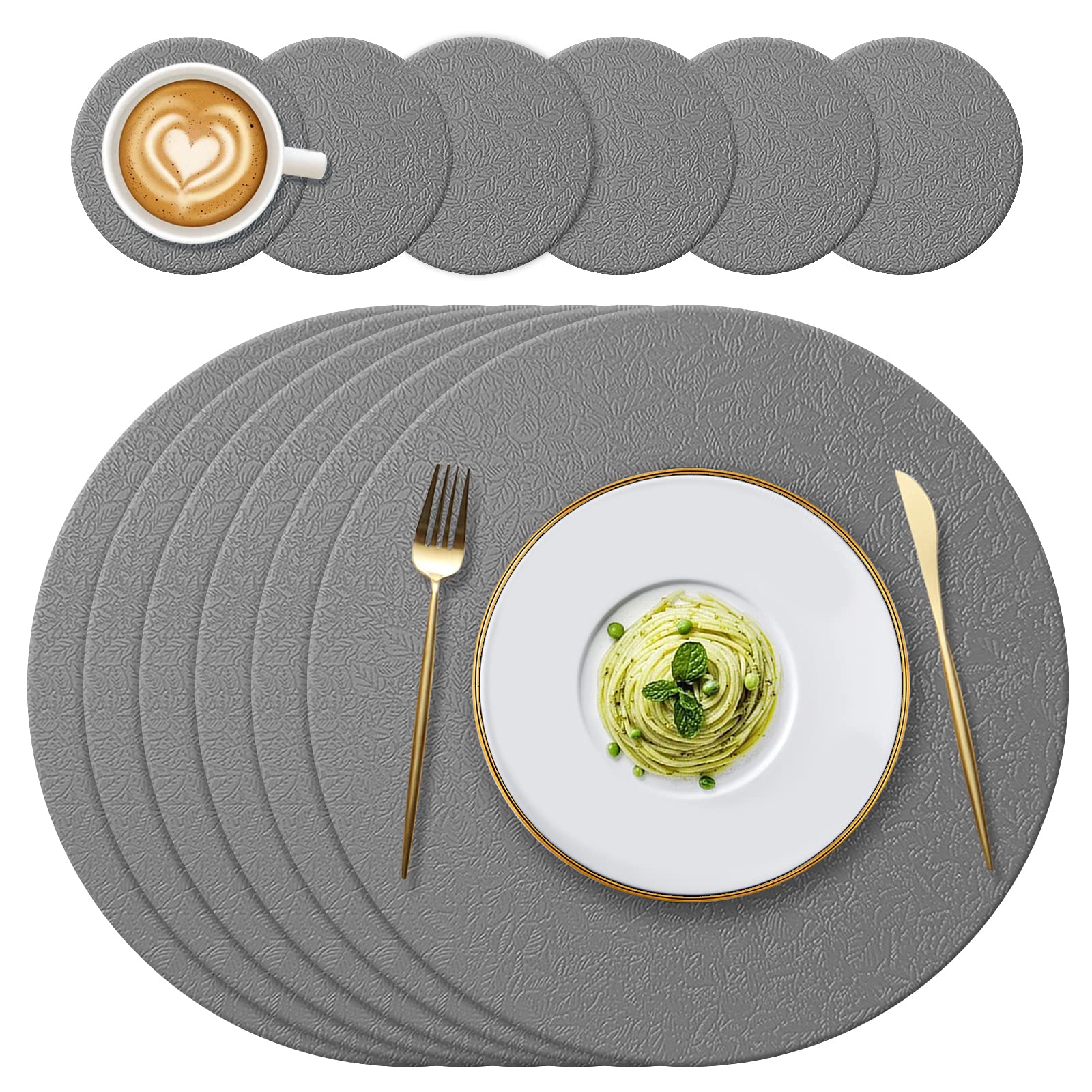 YUNJUER Round Silicone Place mats and Coasters Set, Heat-Resistant 450 °F, Non-Slip and Waterproof, Decoration Accessories for Kitchen Dining Table Home Restaurant, 12 Pieces, (Drak Grey)