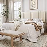 SHA CERLIN Queen Size Velvet Bed Frame with Adjustable Headboard, Cream | Vertical Channel Tufted Design, Upholstered Platform Bed, Wood Slats Support/No Box Spring Needed/Easy Assembly
