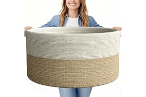 GOPAS 125L Extra Large Blanket Basket, 25" x 16", Jumbo Laundry Woven Baskets Decorative Home, Cotton Rope Basket with Handles, Baby Toy Baskets for Storage, White & Brown