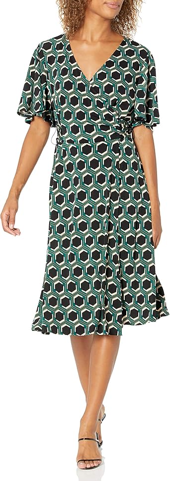 donna morgan flutter sleeve faux wrap dress