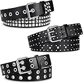 Syhood 3 Pieces Studded Belt Punk Rivet Double Grommet Belt Faux Leather Gothic Goth Black for Men Women Gift