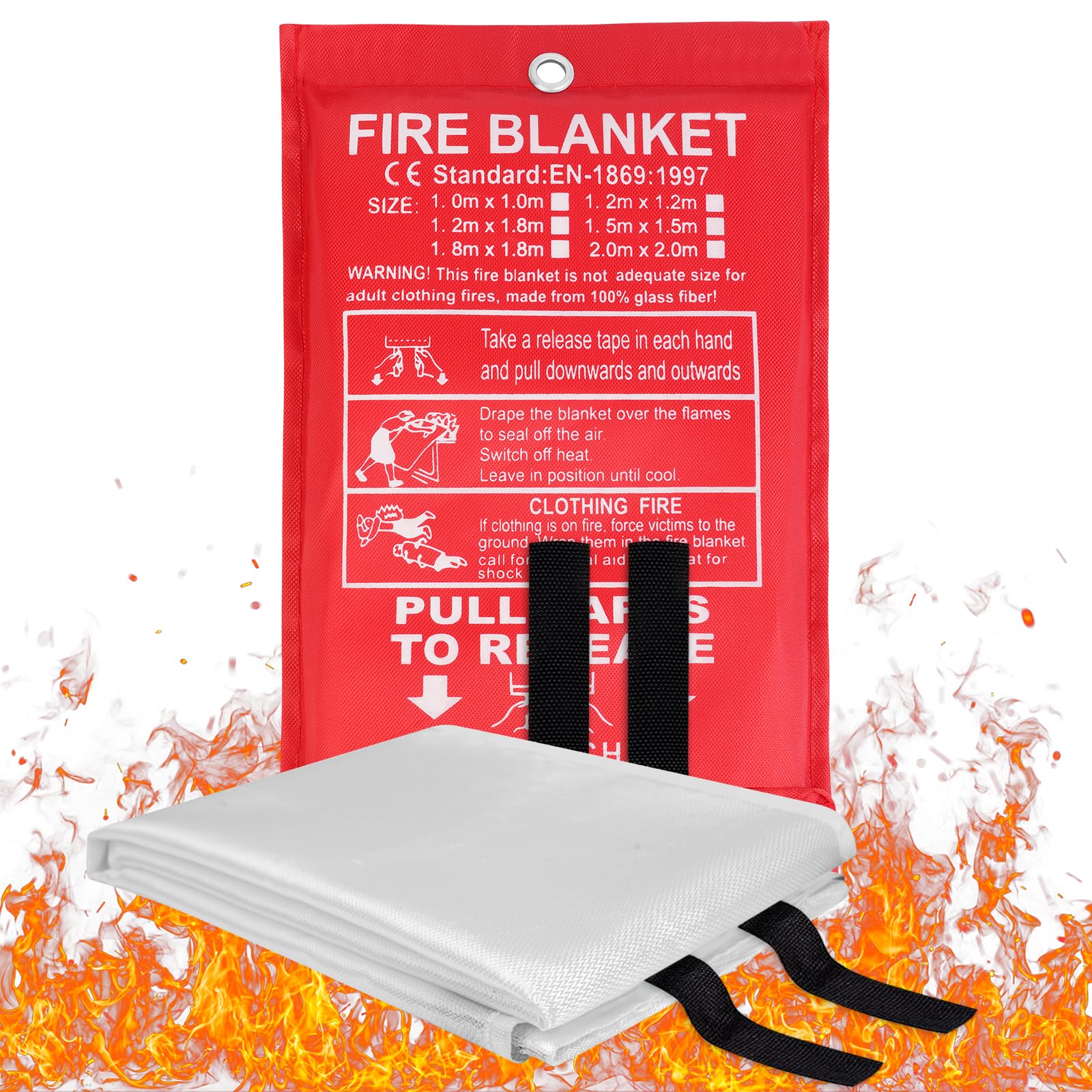 Flintronic Fire Blanket, 1m X 1m Emergency Fire Blanket for Kitchen, Quick Unfolding, Fibreglass Fire Blankets with Loops, Flame Retardant Fire Blanket for Home, Office, Caravan, School