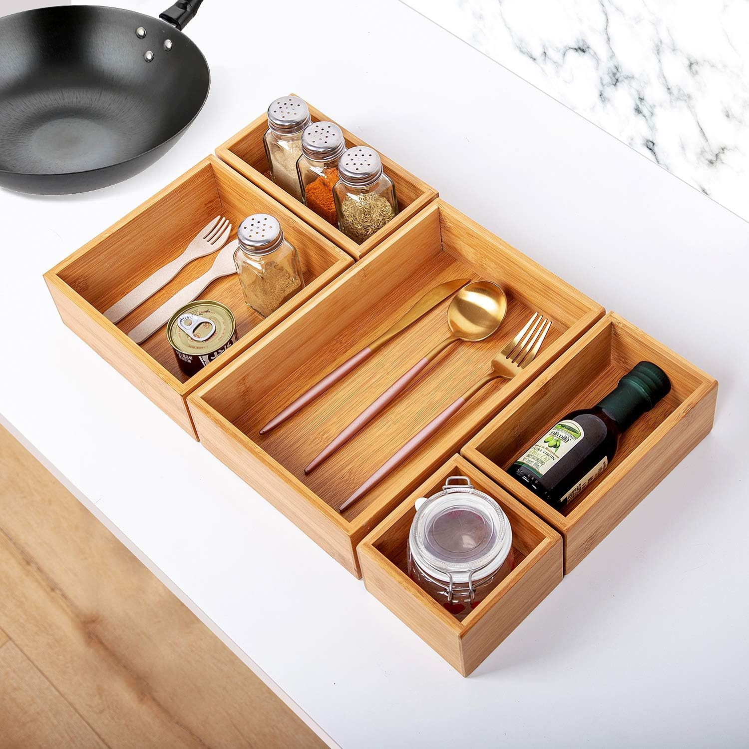 5 Piece Bamboo Drawer Organizer Set, Luxury Wooden Desk Storage Box Kit, Multi-use Junk Drawer Organizer for Office, Kitchen, Bedroom, Children Room, Craft, Sewing : Office Products