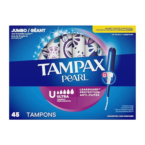 TAMPAX PEARL TAMPONS FOR WOMEN, WITH LEAKGUARD BRAID, ULTRA ABSORBENCY, UNSCENTED, 45 COUNT