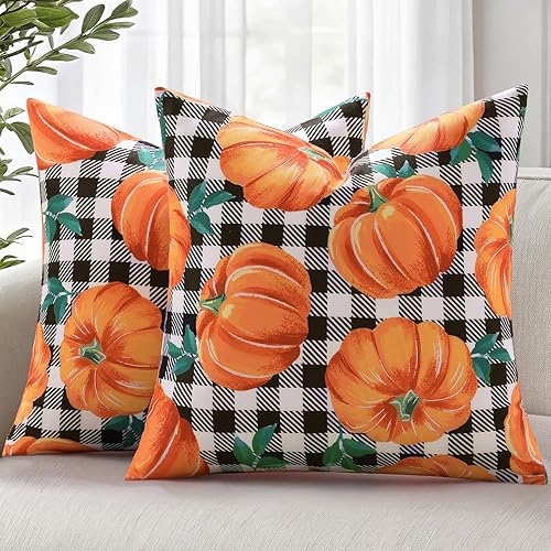 decorUhome Fall Orange Pumpkin Linen Decorative Throw Pillow Covers 18x18 Set of 2, Buffalo Plaid Check Farmhouse Gingham Cushion Covers with Stitched Edge for Autumn Harvest Couch Sofa Bed