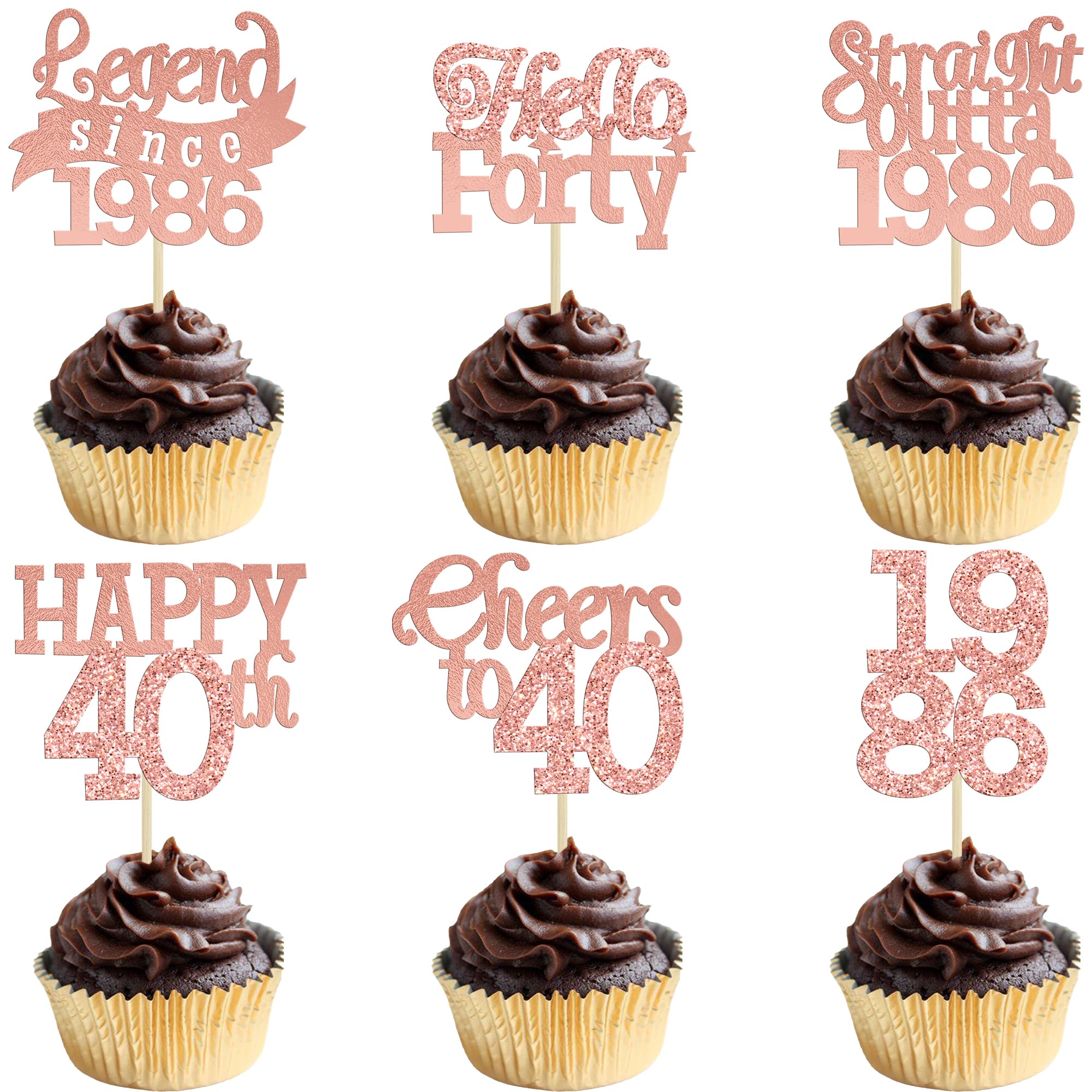 Gyufise 24Pcs Happy 40th Birthday Cupcake Toppers Hello Forty Legend Since 1986 Cupcake Picks Cheers to 40 Years Cake Decorations for 40th Birthday Anniversary Party Supplies Rose Gold