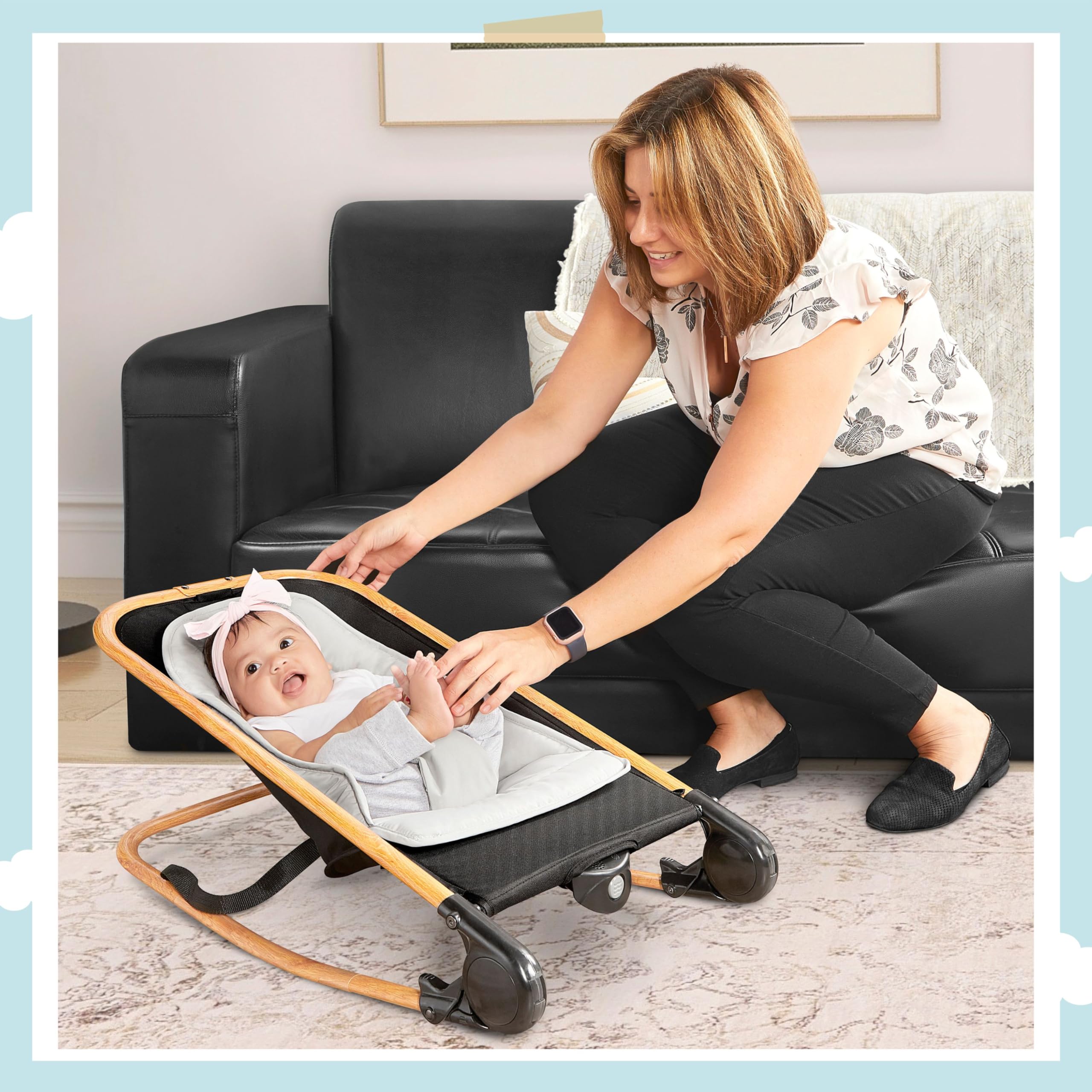 Dream on Me Rock with me 2-in-1 Rocker and Stationary Seat | Compact Portable Infant Rocker with Removable Toys Bar & Hanging Toys in Black & Grey