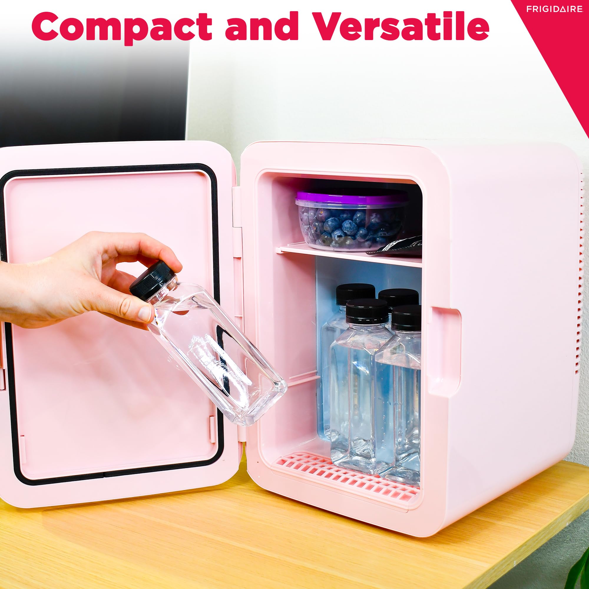FRIGIDAIRE Mini Cooler, Portable Compact Personal LED Lighted Mirror Fridge, 6.5L Capacity Chills 9 Cans, 100% Freon-Free & Eco Friendly, for Makeup, Skincare, 12"D x 8"W x 12"H (Pink) - Image 3