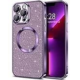 Hython for iPhone 13 Pro Max Case Glitter, Clear Magnetic Phone Cases with Camera Lens Protector [Compatible with MagSafe] Bling Sparkle Plating Soft TPU Slim Shockproof Protective Cover Women-Purple