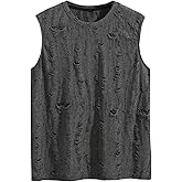 WDIRARA Men's Distressed Tank Tops Goth Punk Ripped Crew Neck Sleeveless Knit Tops Streetwear
