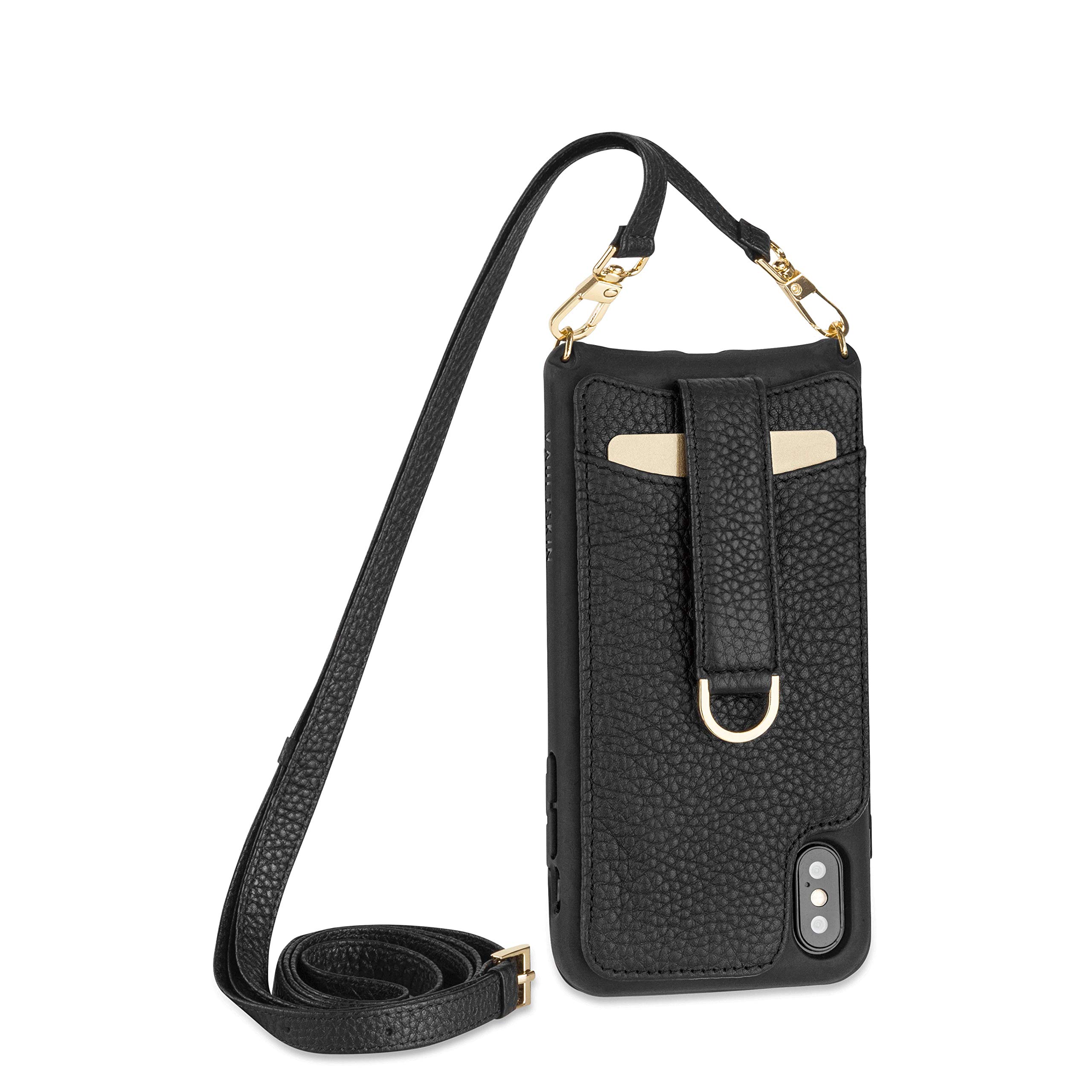 Vaultskin VICTORIA Crossbody Wallet Case, Lanyard with Card Holder (Black - Leather Strap, for iPhone XS Max)
