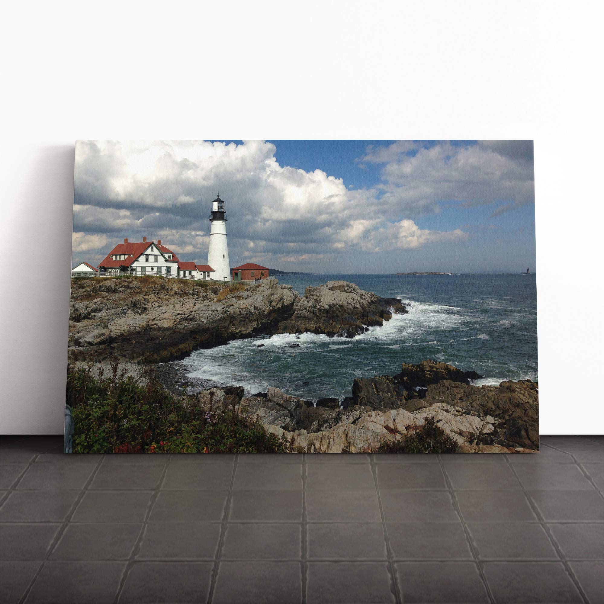 Seascape Lighthouse Maine USA Canvas Print | Gallery Wrapped 30mm Frame Wall Art | 20x14 inches | Ready to Hang | Modern Seascape Picture | Living Room Bedroom Lounge Office