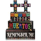 Moucuny 4 Pcs Day of the Dead Table Decor Dia De Los Muertos Decoration | Day of the Dead Cross Centerpiece,Wood Sugar Skull Block Signs for Halloween Party Home Shelf Decoration