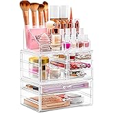 Sorbus Large Clear Makeup Organizer - Detachable 3-Piece Jewelry & Make Up Organizers and Storage Set - Spacious Cosmetic Display Tower - Makeup Organizer for Vanity, Bathroom, Dresser & Countertop