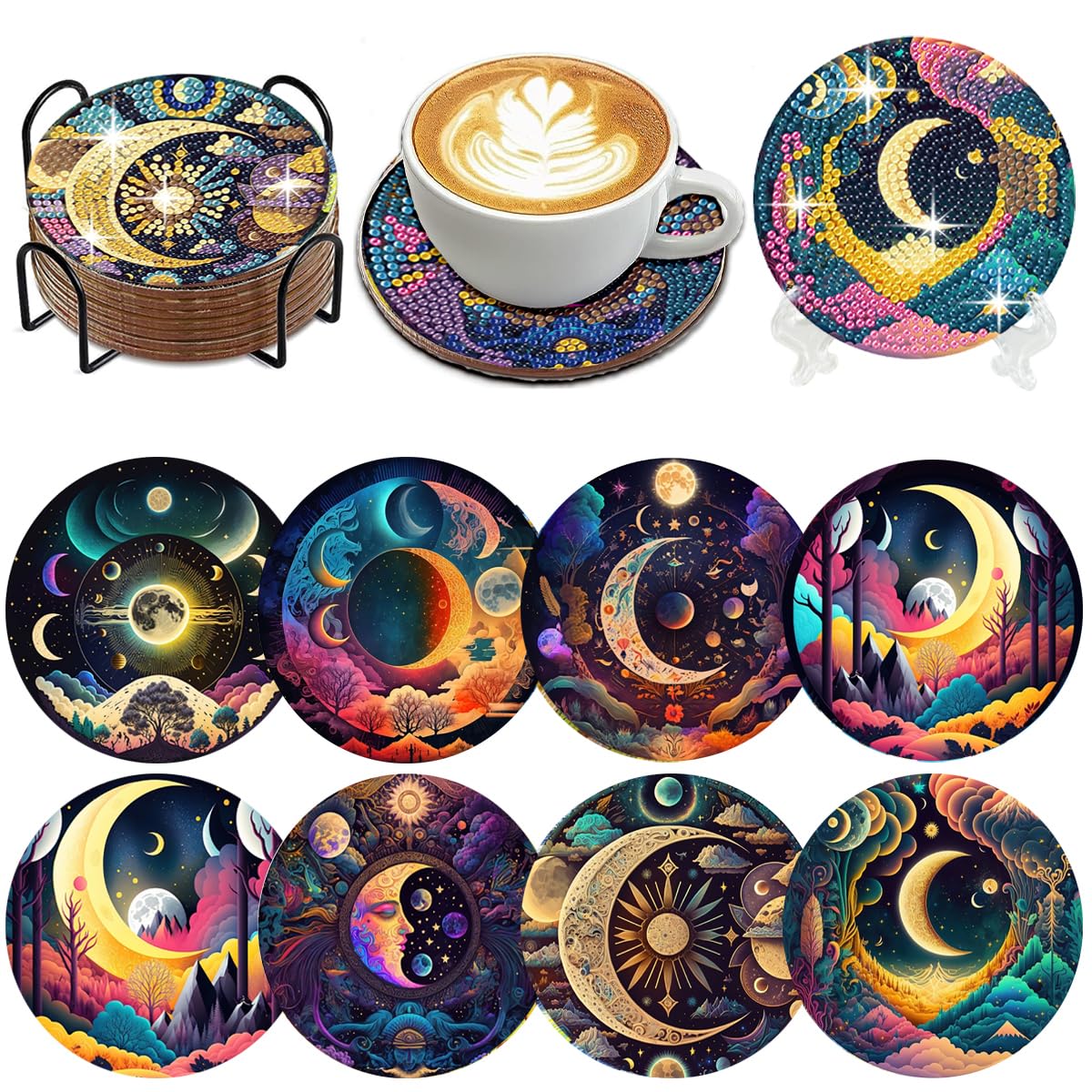 Muzagroo Art Diamond Painting Coasters Set for Adults Moon Diamond Art Kits for Beginners Stress Reducing Craft Coasters with Holder 8pcs(Moon) — image 1