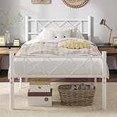 VECELO Twin Size Bed Frame with Headboard, Heavy Duty Bedframe with Strong Metal Slats, No Box Spring Needed &amp; Easy Assembly, Pure White