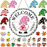 Qunclay Interchangeable Wooden Gnome Decor Holiday Seasonal Gnome Decorations with Magnet Pieces and Detachable Hats Changeable Welcome Sign for Home(Vivid Style)