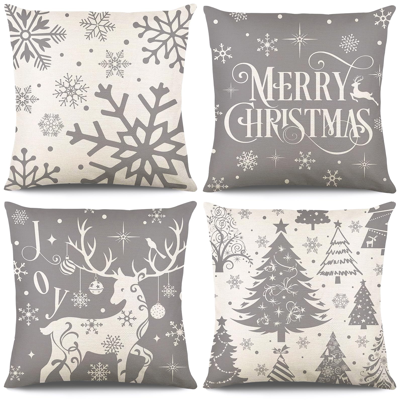 KIKISML Christmas Cushion Covers 18x18 Inch, 4 Pack Christmas Tree Snowflake Reindeer Santa Claus Linen Throw Pillow Cases for Home Decor, Bedroom, Sofa Xmas Decor (Grey)