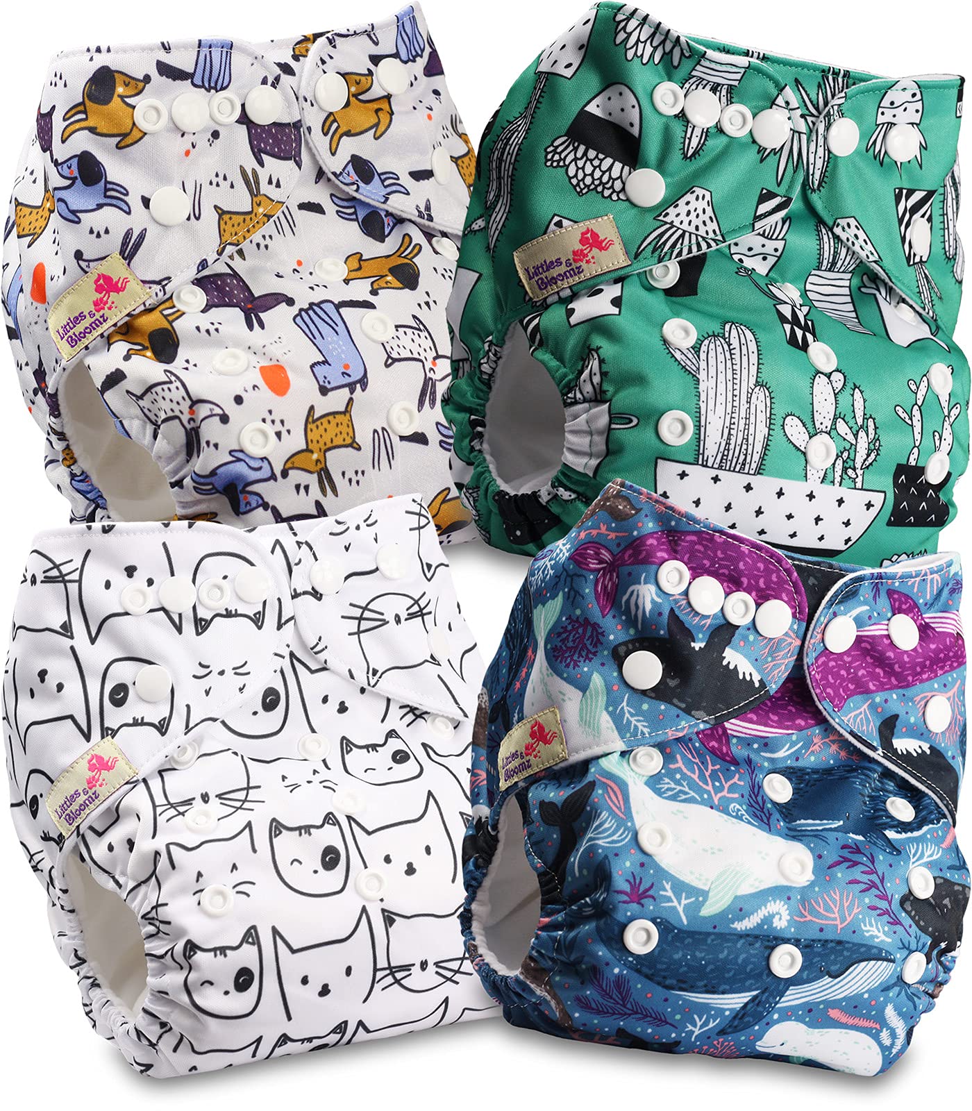 Littles and Bloomz Baby Reusable Pocket Nappy Cloth Diaper, Standard Popper, 4 Nappies, FLP2-0408