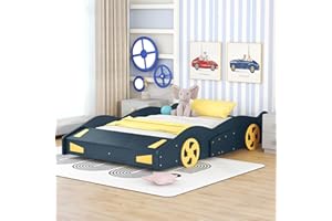 ACQCA Full Size Race Car Bed for Kids, Car-Shaped Bed Frame with Wheels and Storage Footboard for Boys, Wood Slats Support,No Box Spring Needed, Dark Blue+Yellow