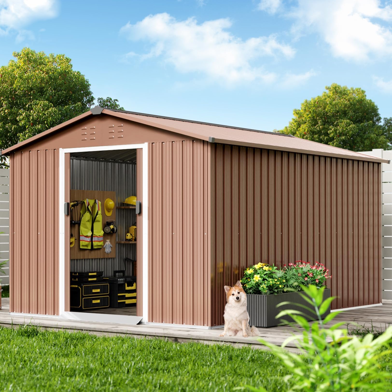 Photo 1 of ***MINOR DAMAGE, MISSING HARDWARE/PIECES, BOX 2 OF 2 ONLY***8X12 FT Large Metal Outdoor Storage Shed, Galvanized Steel Garden Tool Shed with Lockable Double Doors & Ventilation for Bicycles, Tools, Lawnmowers, Backyards, Patios, Lawns, Brown