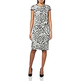Vince Camuto Womens Cap Sleeve Jewel Neck Leather Trim Jacquard Dress