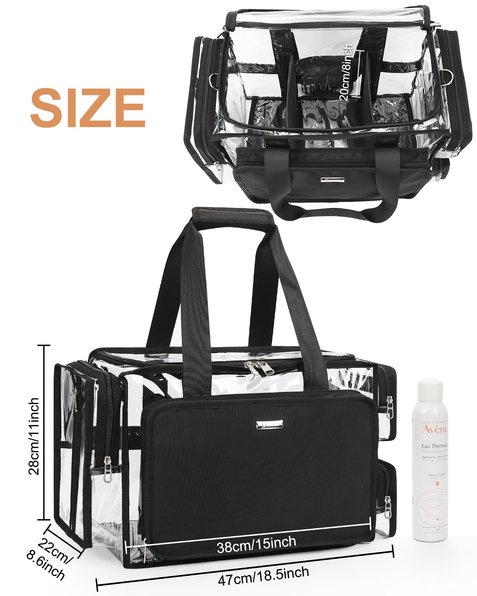 Relavel Clear Makeup Bag Extra Large Makeup Artist Kit Set, Cosmetic Storage Organizer Hair Stylist Traveling Bag, Transparent Tote Duffle Beach Toiletry Bag with Adjustable Dividers & Shoulder Strap